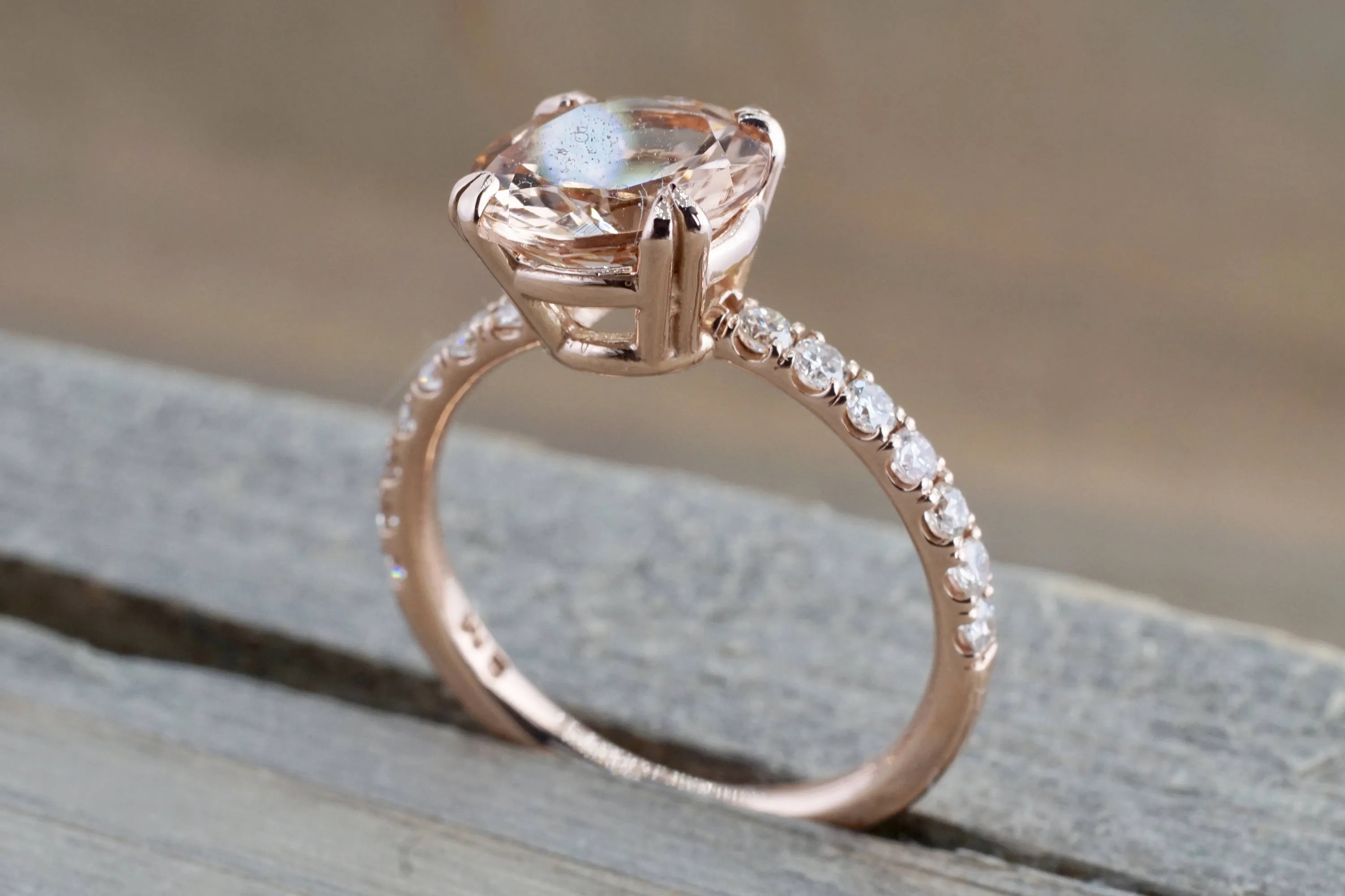 14k Rose Gold Diamond Round Peach Pink Morganite Solitaire Engagement Promise Love Anniversary Ring 9mm