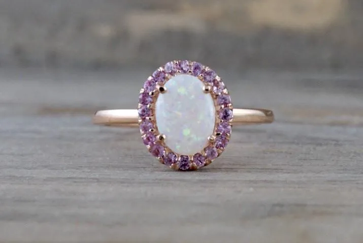 14k Rose Gold Oval Fire Opal And Pink Sapphire Halo Engagement Love Anniversary Ring