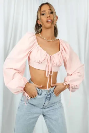 Baby Pink Ruched Detail Long Sleeve Crop Top