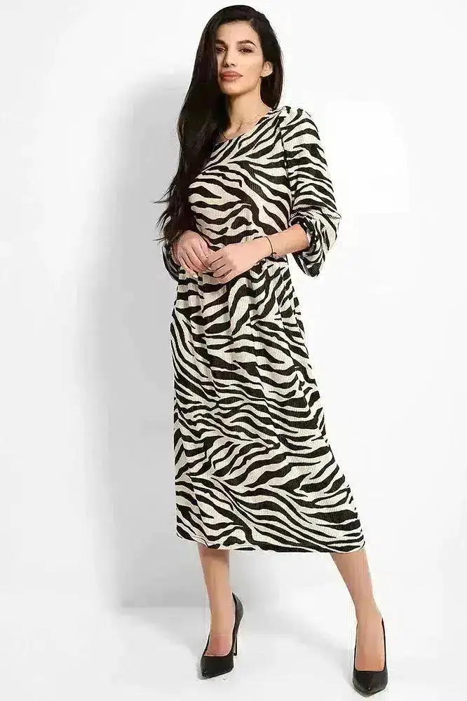 Beige Black Zebra Print Pleated Balloon Sleeves Midi Dress