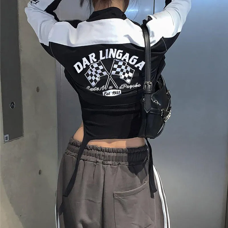 Biker Style Letter Print Zip Cropped Top Cherrykitten