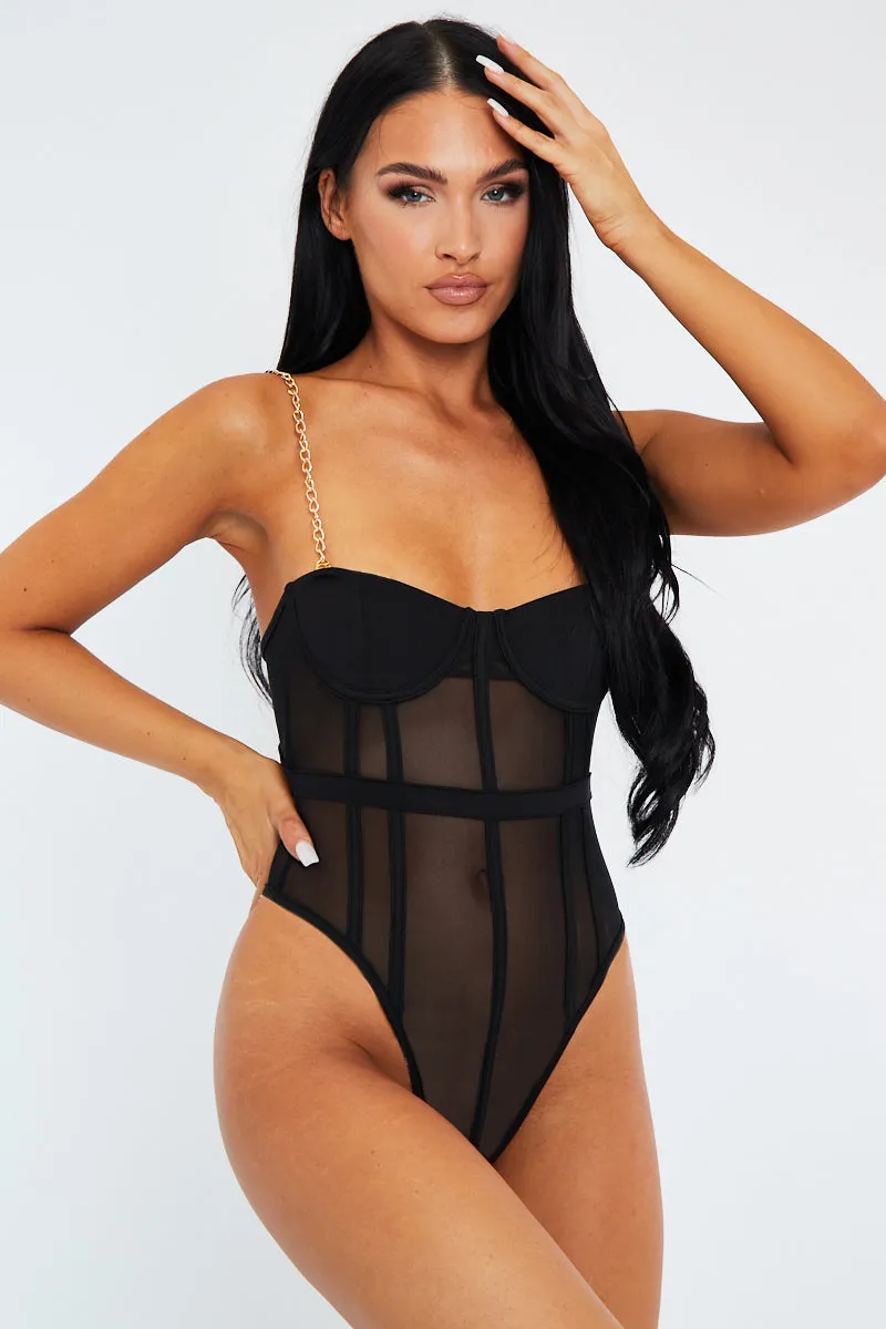 Black Chain Straps Mesh Cut Out Bodysuit - Aari