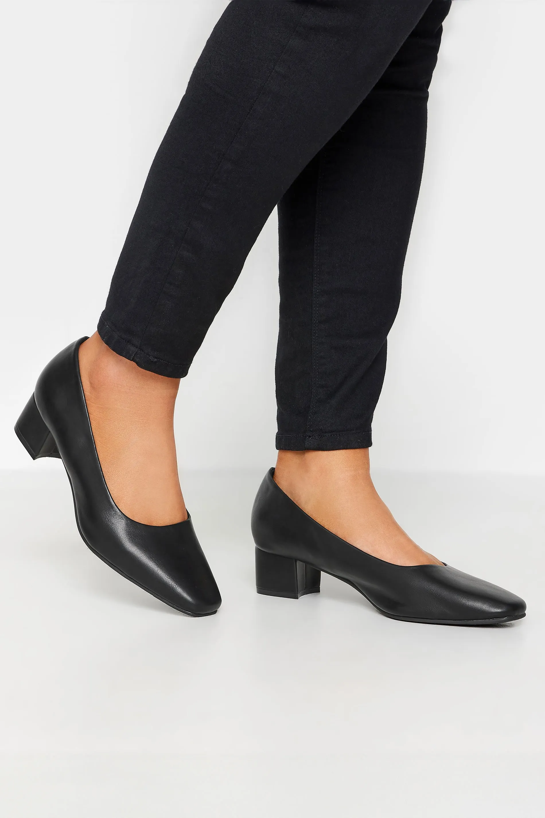 Black Faux Leather Block Heel Court Shoes In Extra Wide EEE Fit