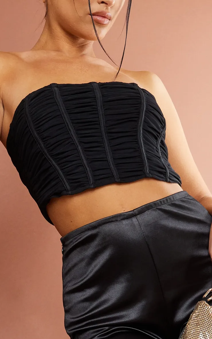 Black Mesh Ruched Panel Bandeau Crop Top