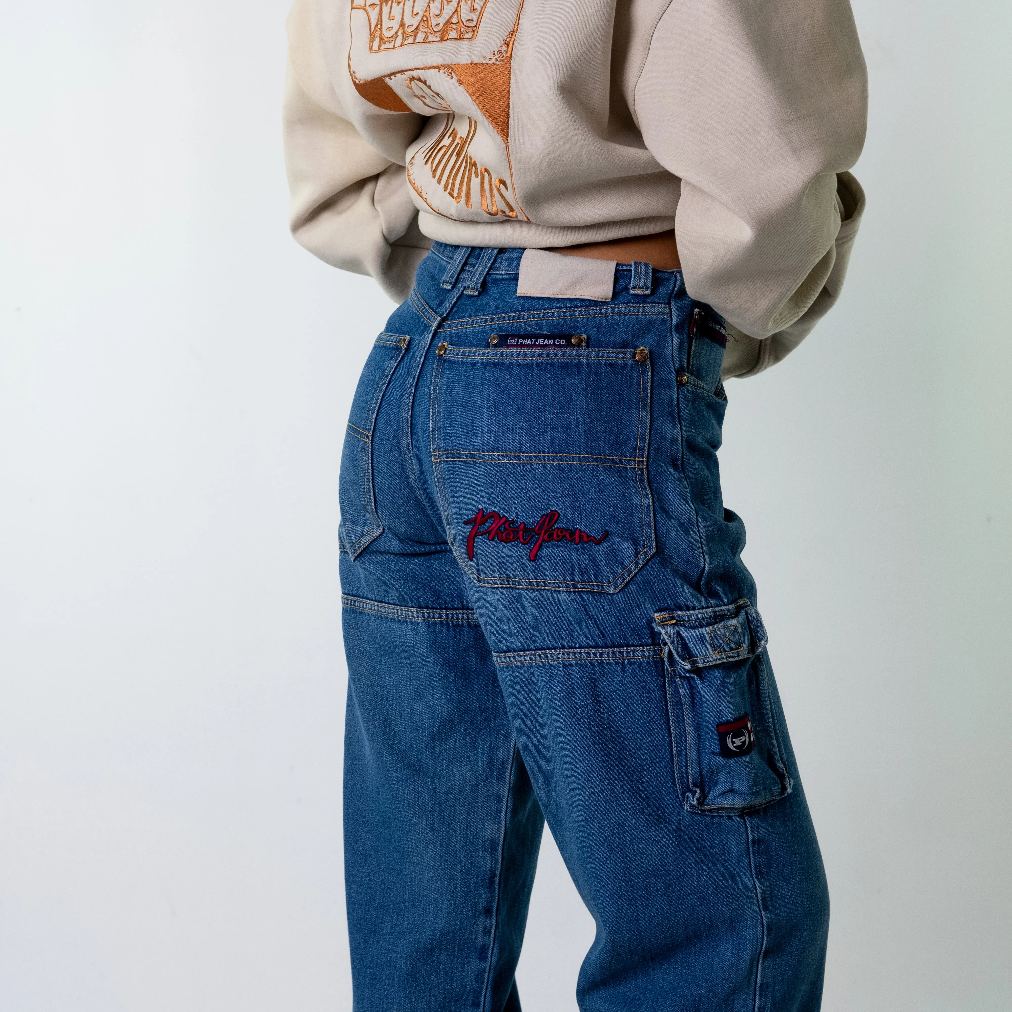 Blue Denim 90s Baggy Hip Hop Phat Jean Co. Cargo Skater Trousers Pants Jeans (28x32)