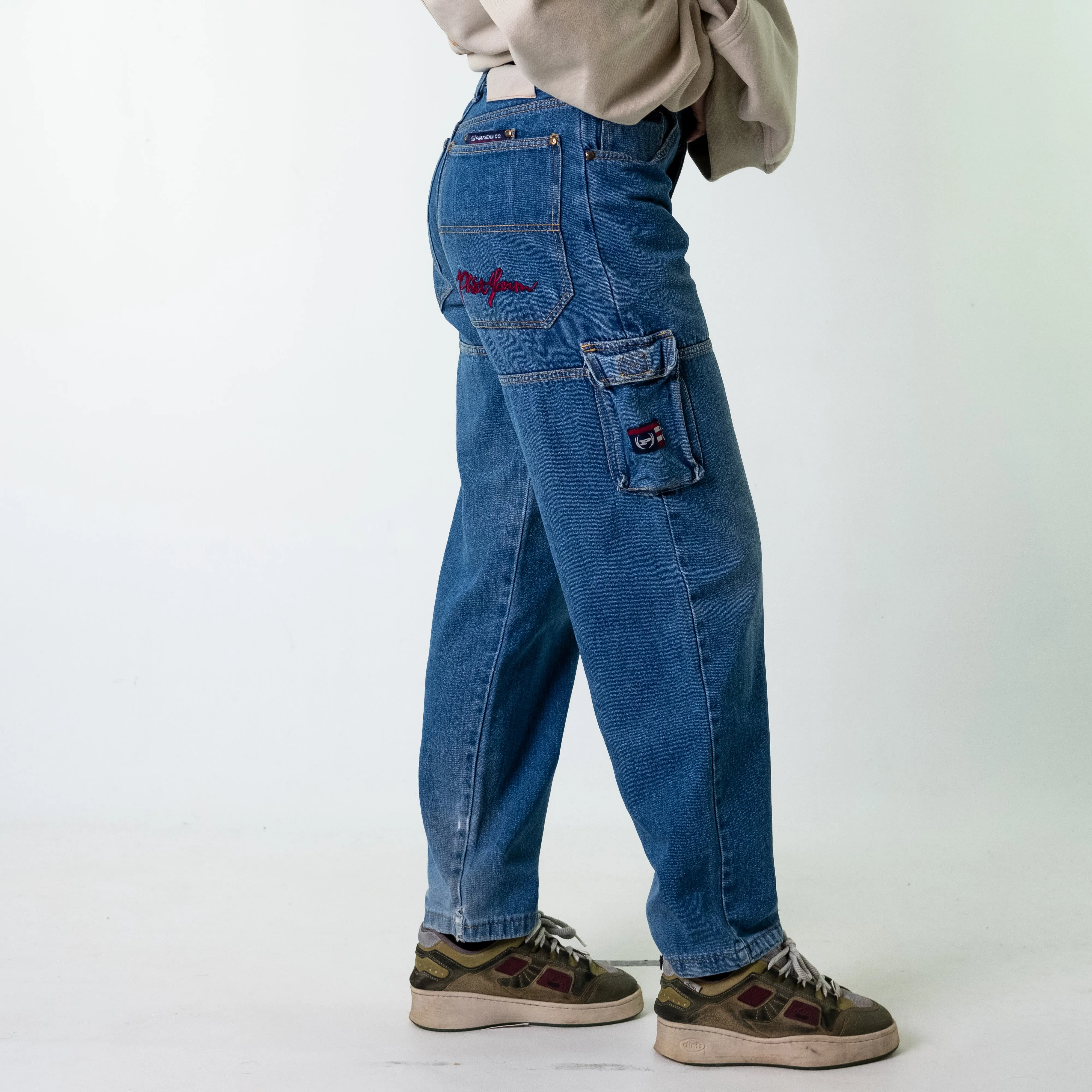 Blue Denim 90s Baggy Hip Hop Phat Jean Co. Cargo Skater Trousers Pants Jeans (28x32)