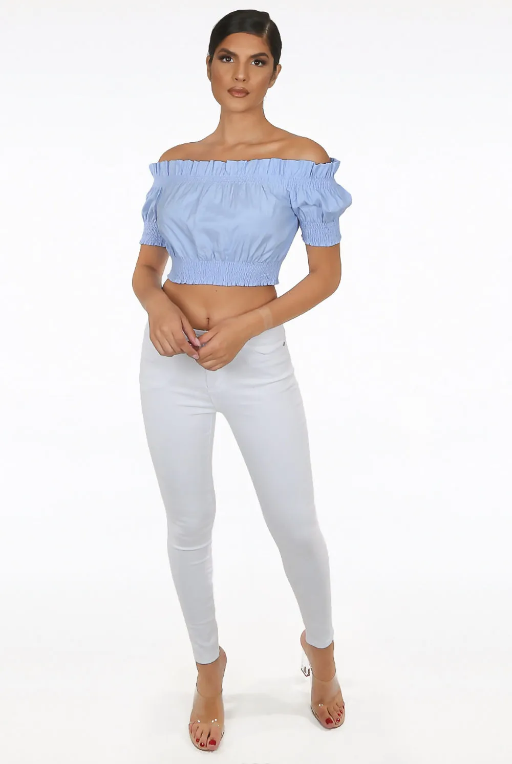 Blue Ruched Bardot Crop Top