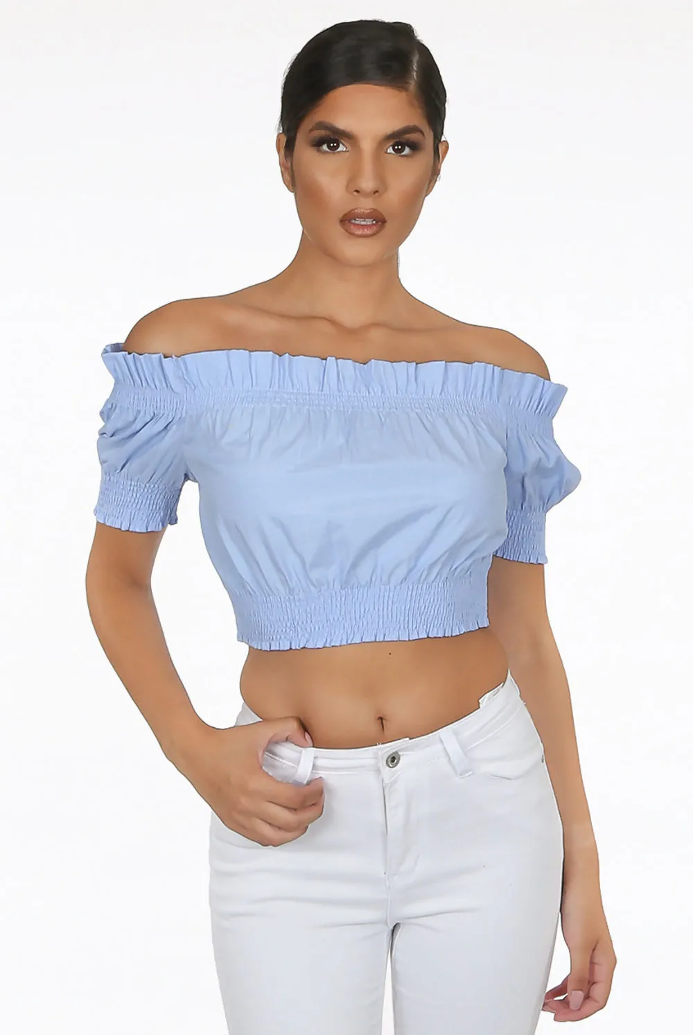 Blue Ruched Bardot Crop Top