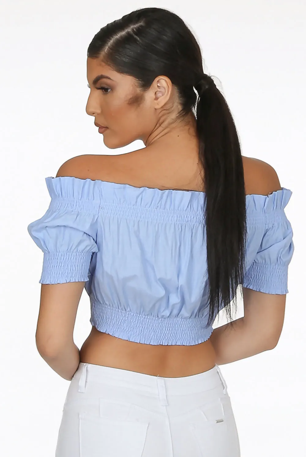 Blue Ruched Bardot Crop Top