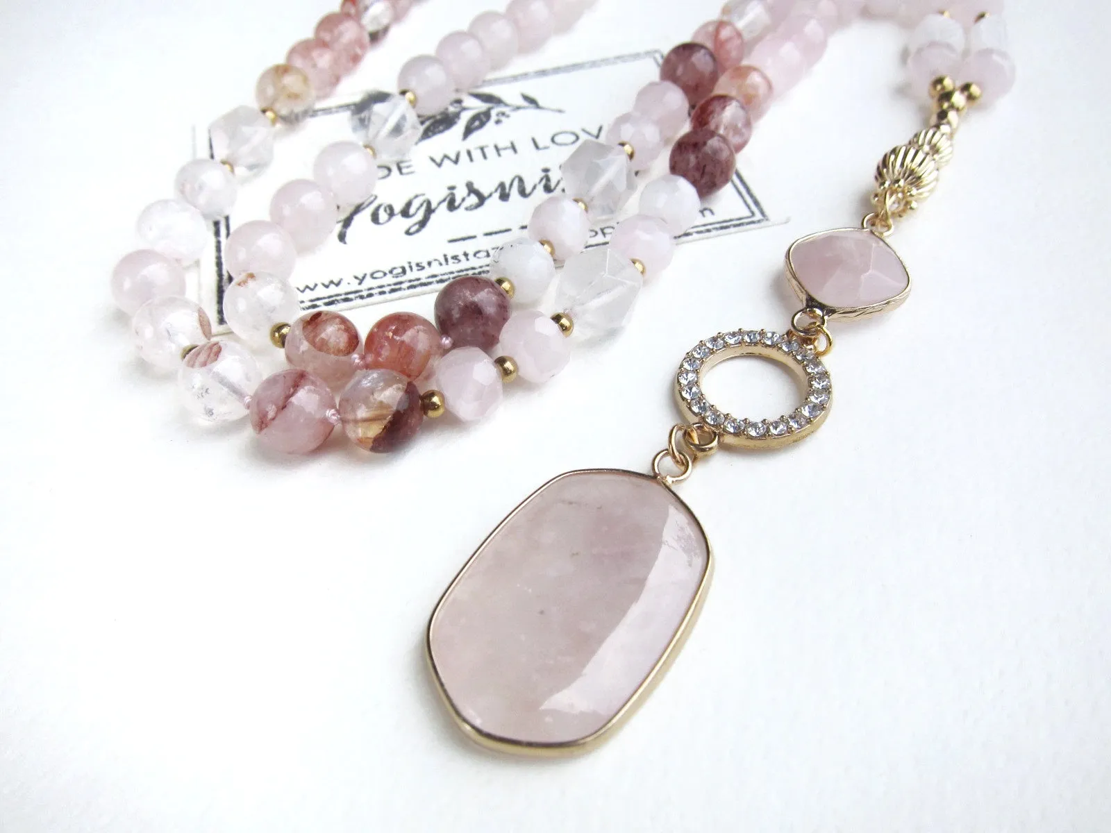 Bohemian Pink Goddess Rose Quartz Pendant Necklace - Balance, Love, Fertility, Calming, Happiness