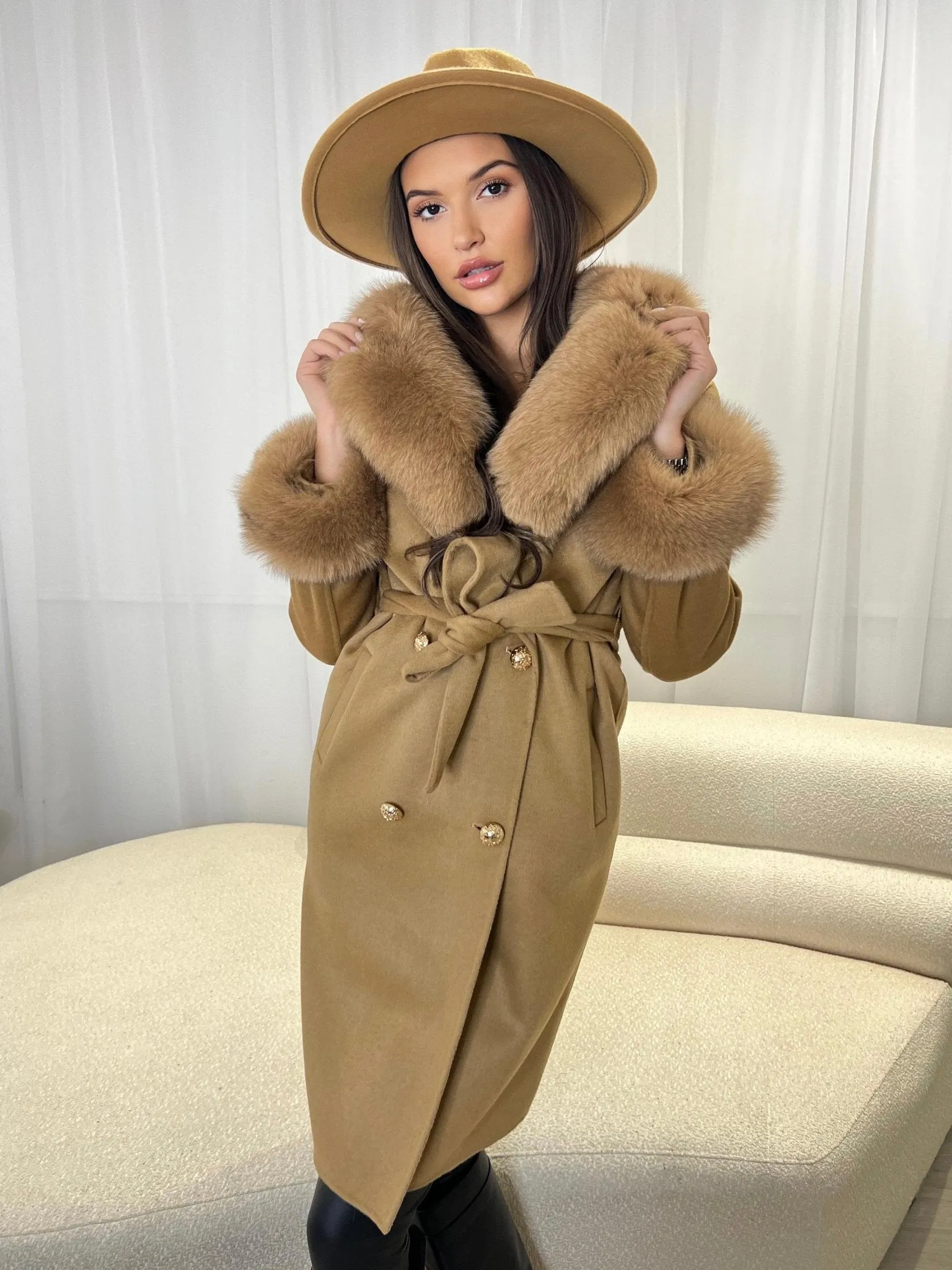 Camel Luxury Fur Cashmere Coat