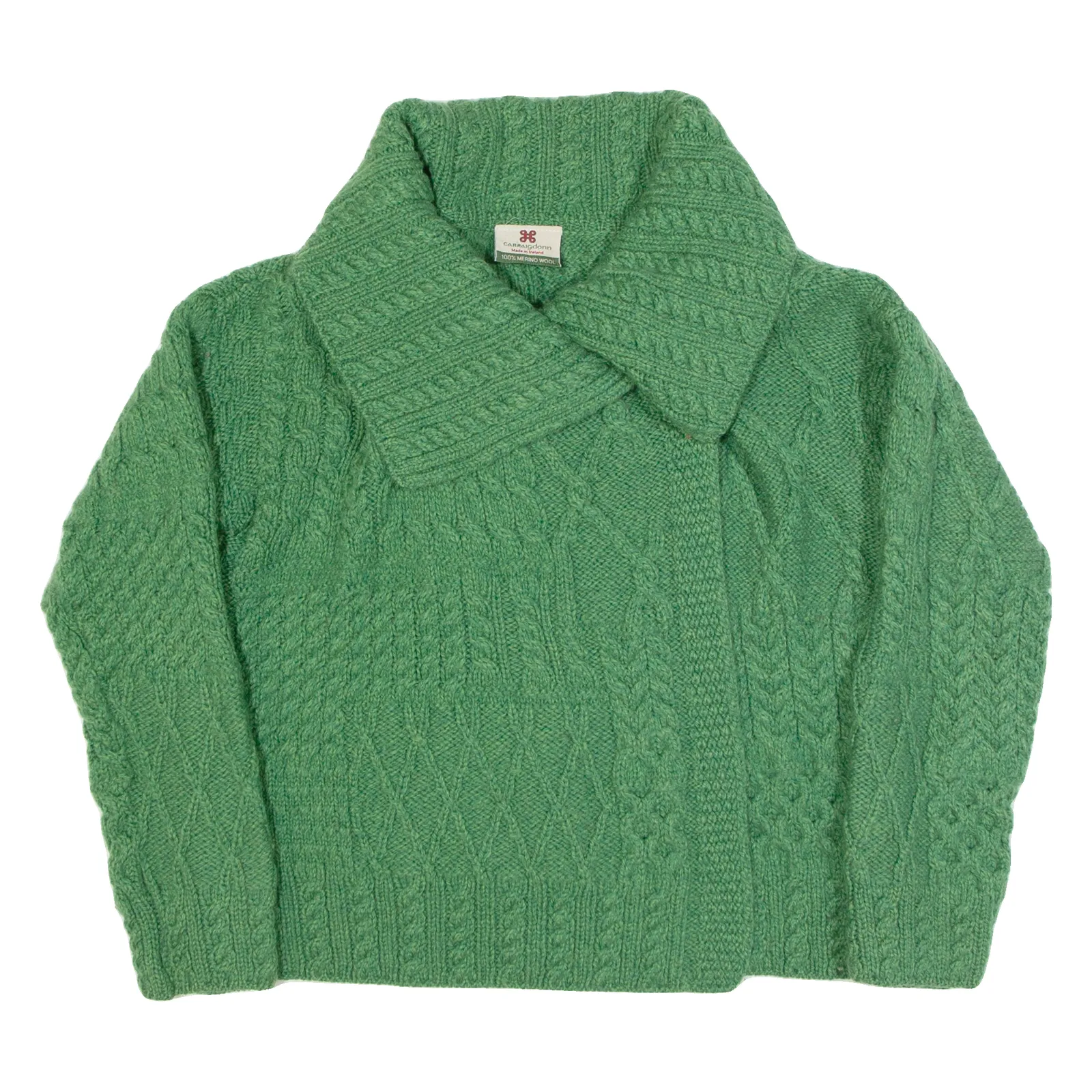 CARRAIG DONN Womens Aran Cardigan Green Collared Cable Knit Wool M