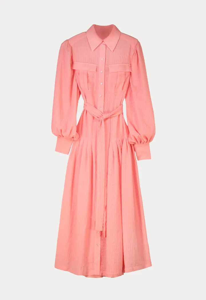 Crinkled Self Belt Solid Shirt Dress