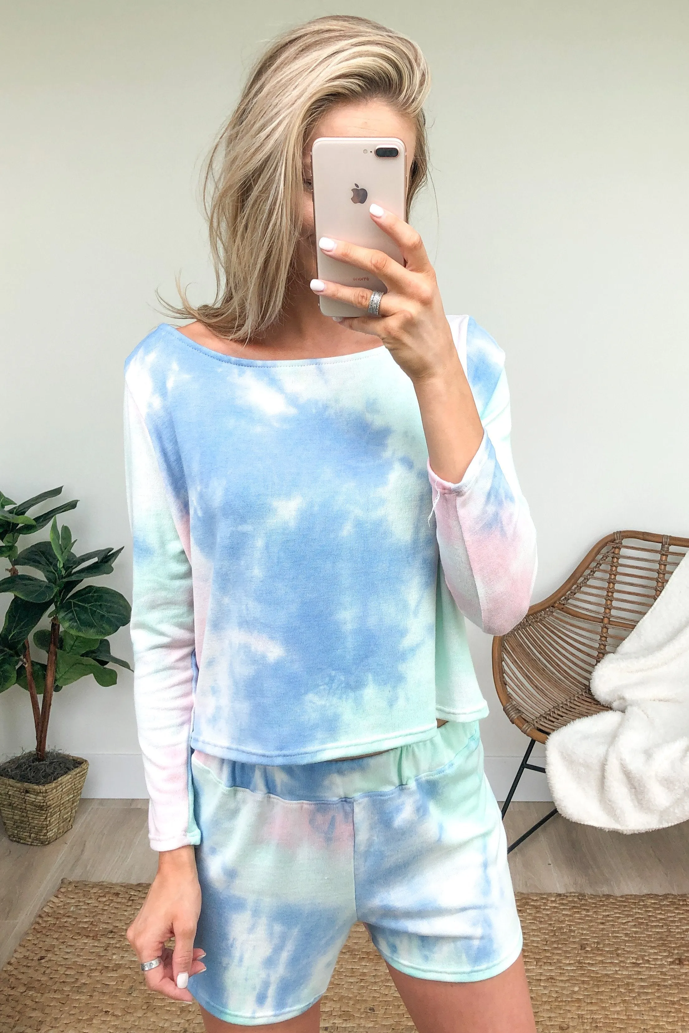 Cropped Tie Dye Long Sleeve Top- Mint, Blush, Blue