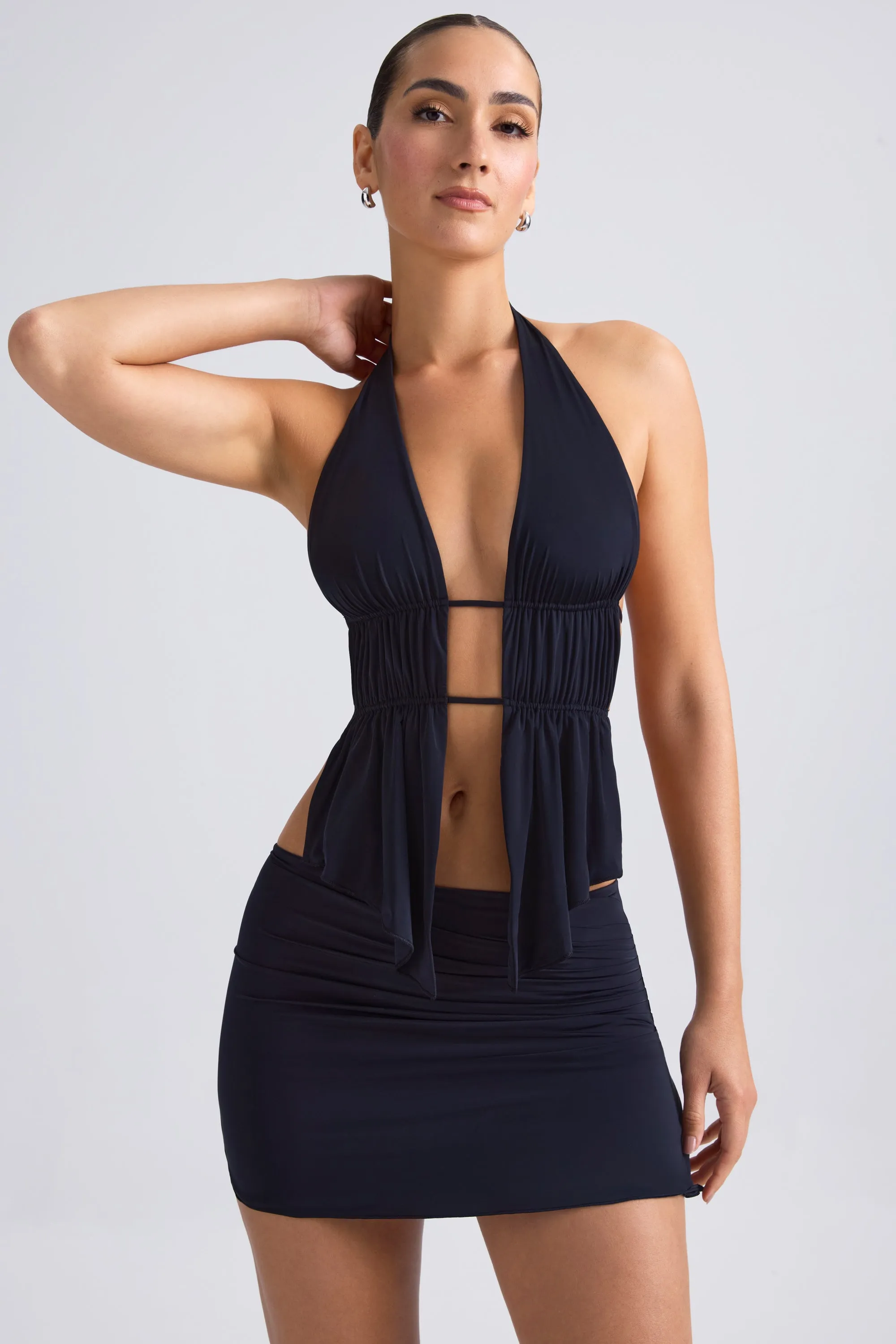 Cut-Out Ruched Halterneck Crop Top in Black