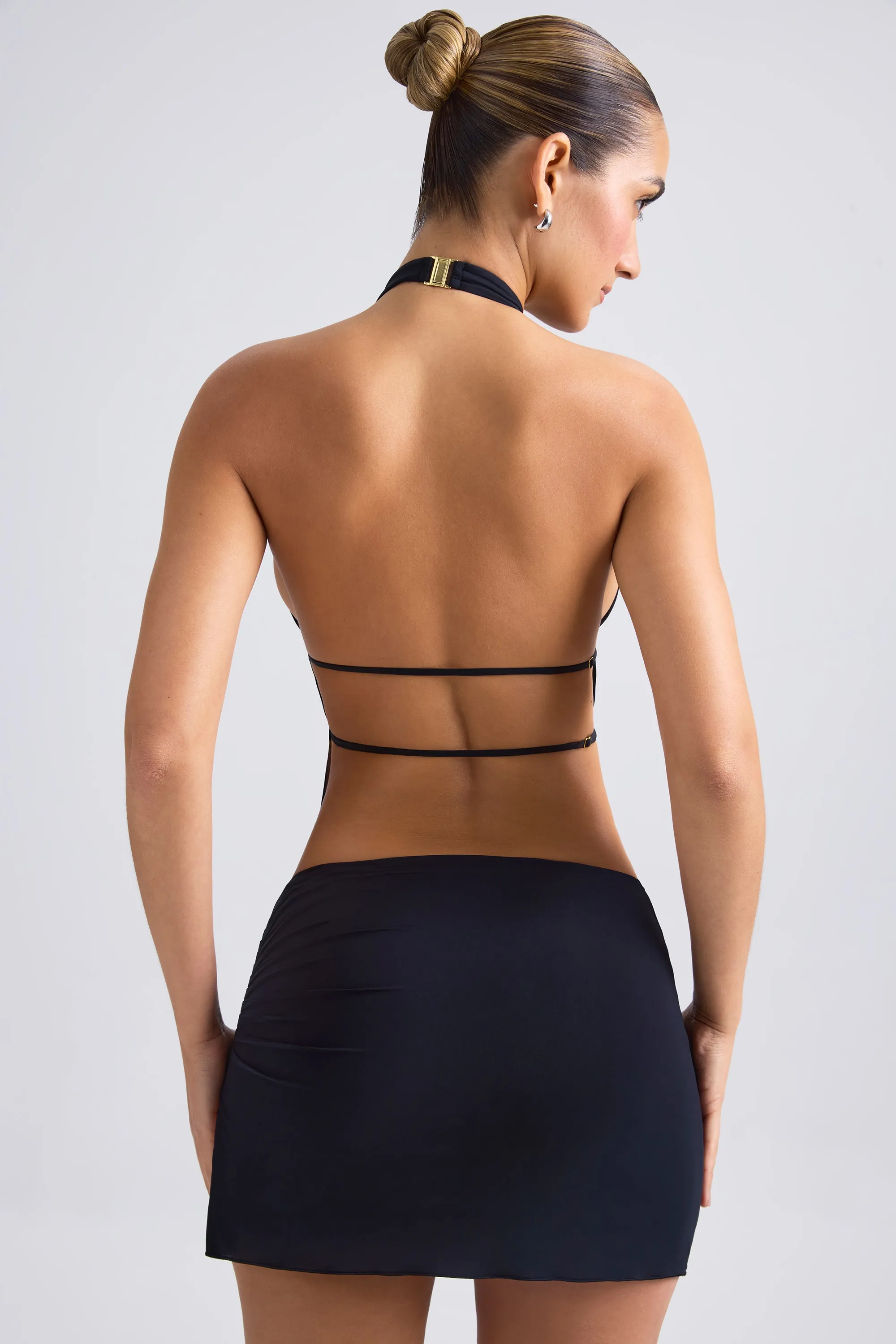 Cut-Out Ruched Halterneck Crop Top in Black