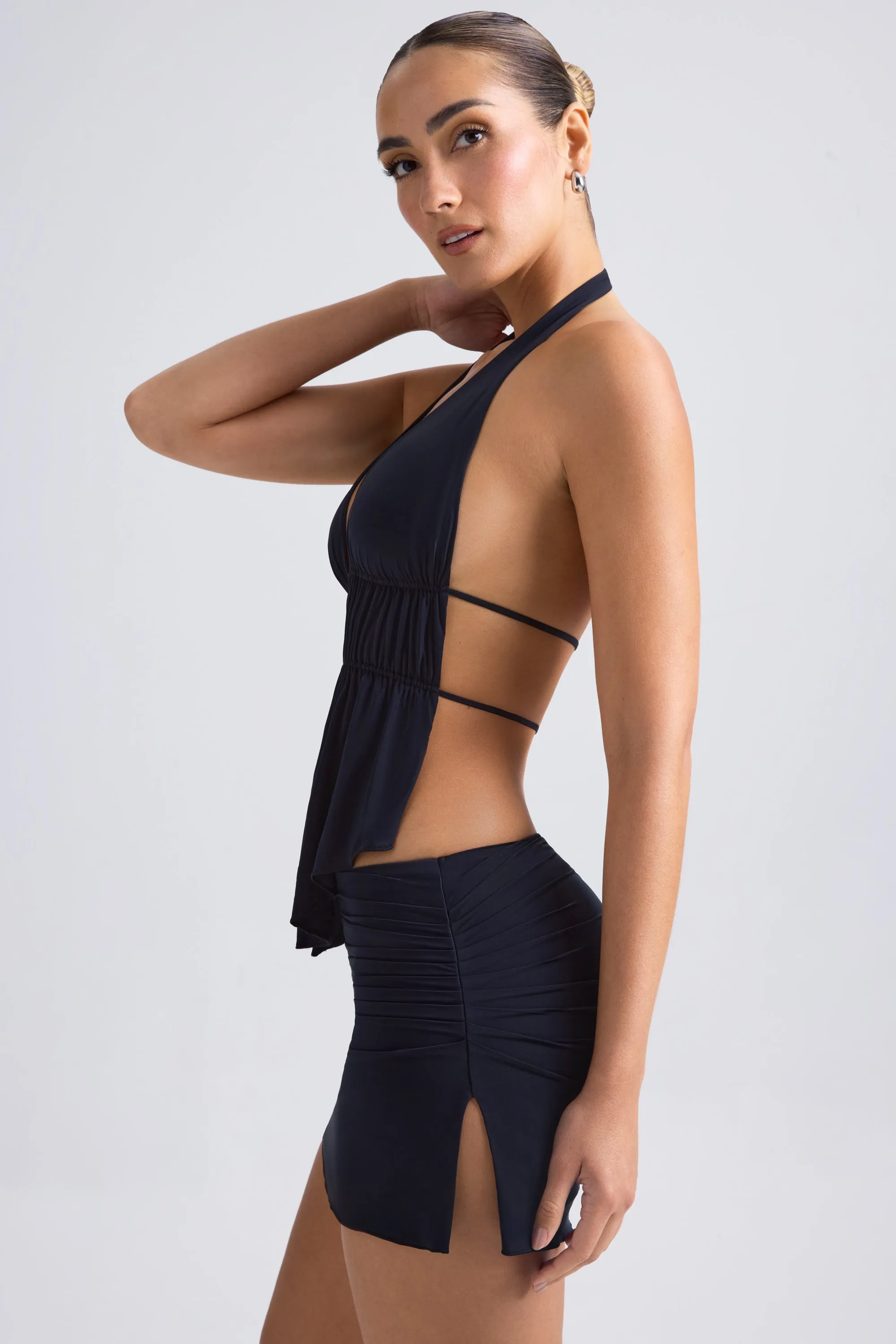 Cut-Out Ruched Halterneck Crop Top in Black