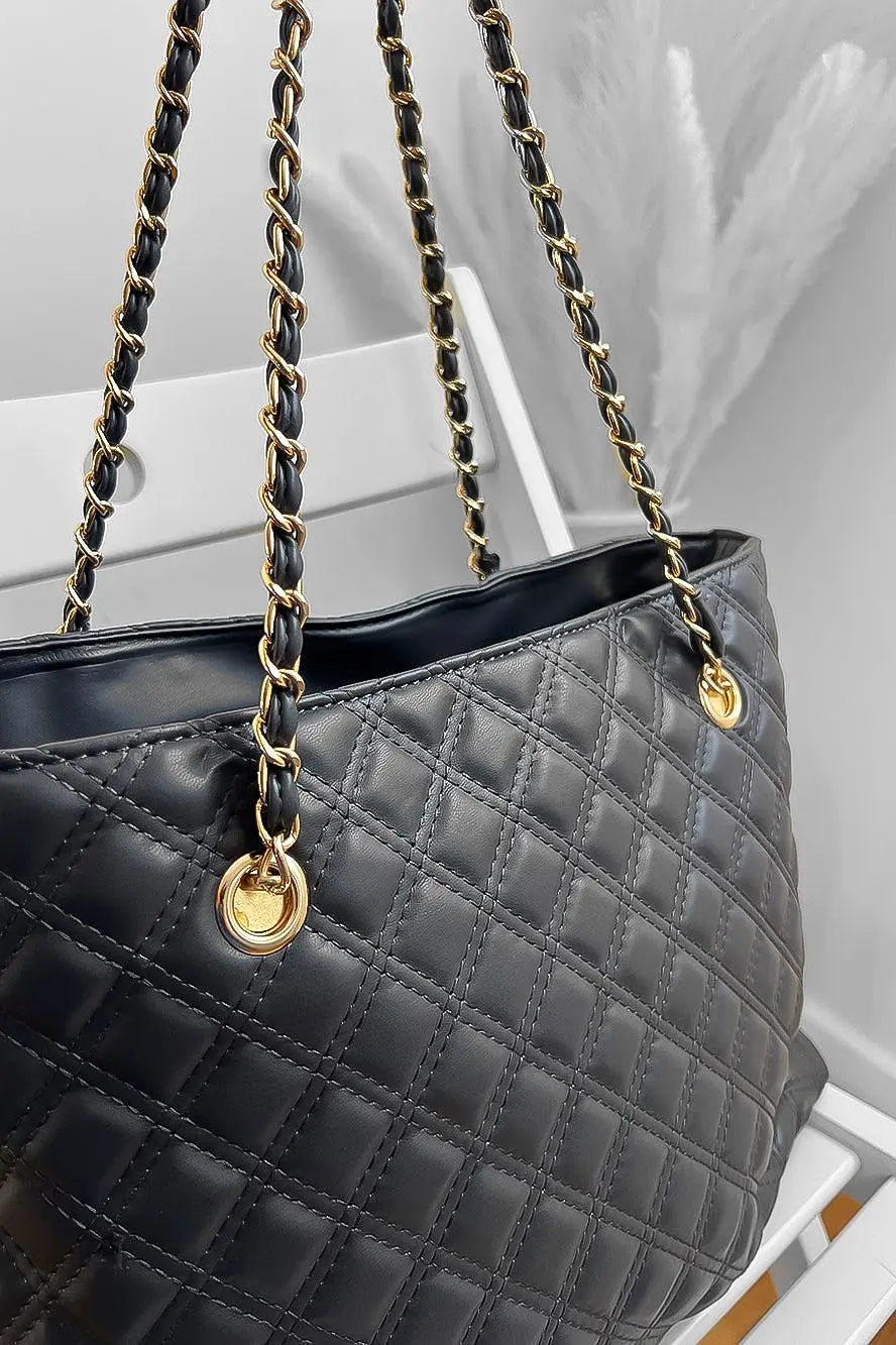 Dark Grey Quilted Gold Chain Straps Handbag