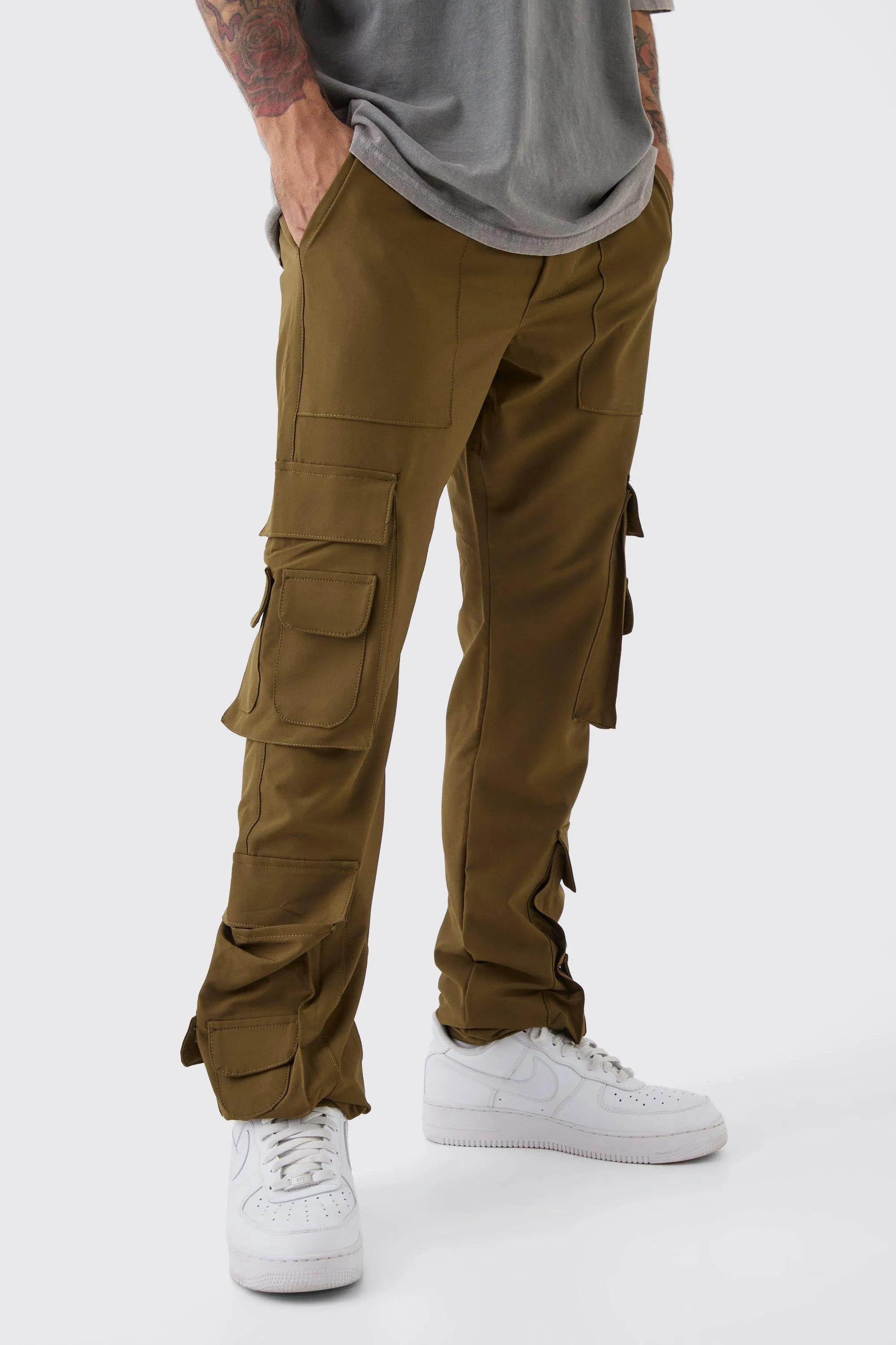 Elasticated Slim Stacked Nylon Cargo Trousers