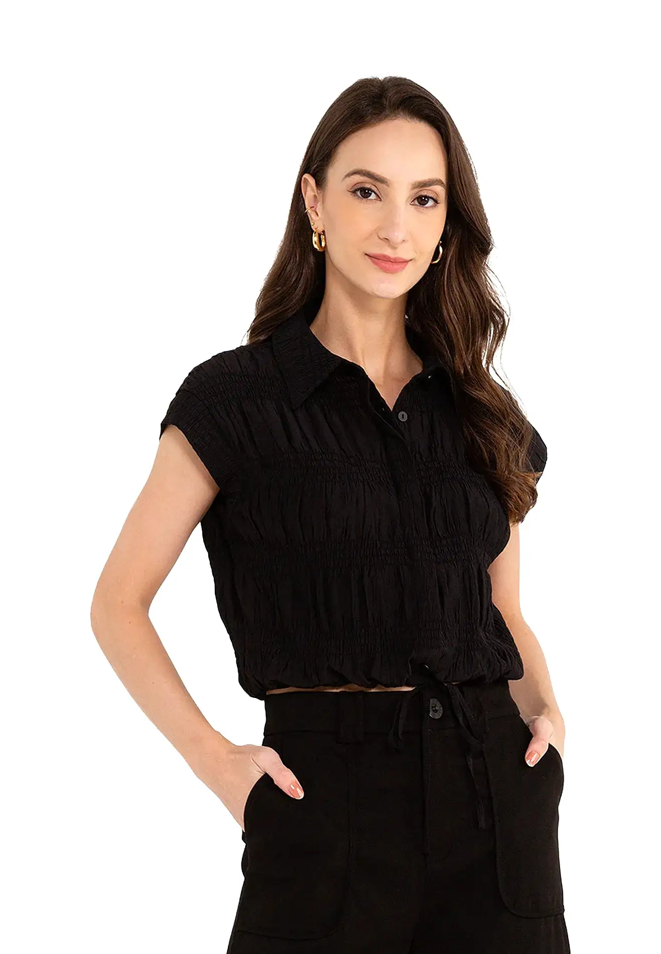 ELLE Apparel Button Front Crop Ruched Blouse