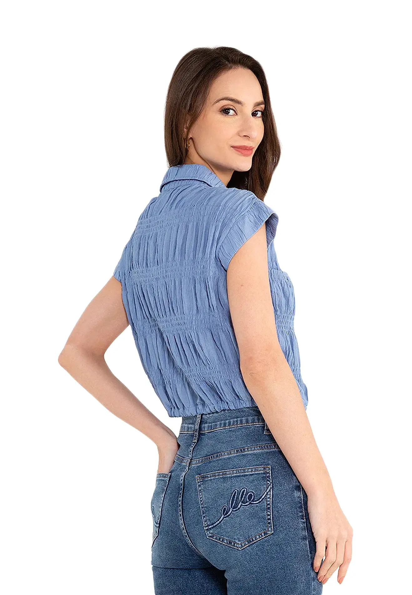 ELLE Apparel Button Front Crop Ruched Blouse