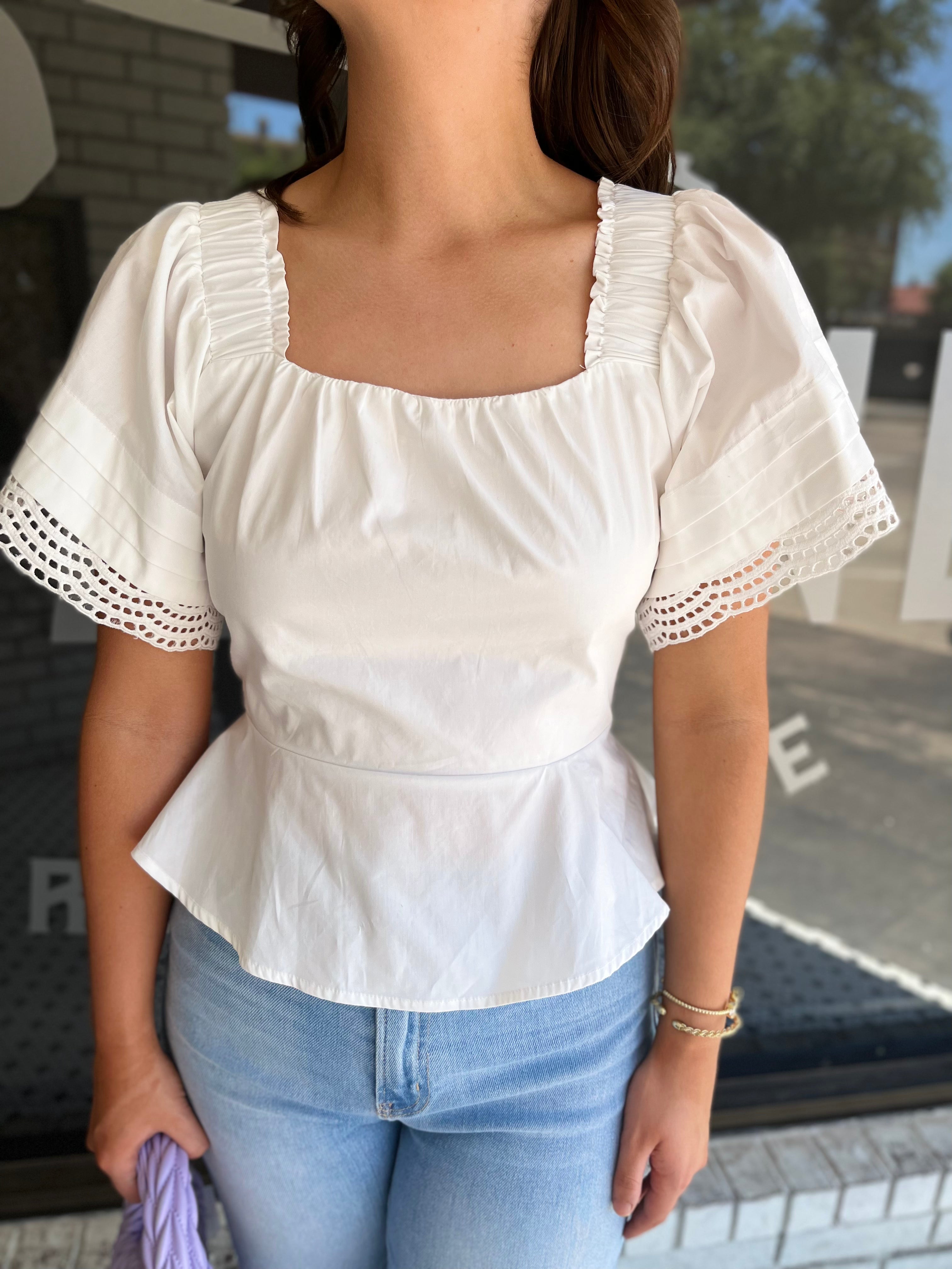 Eyelet Lace Square Neck Top - White