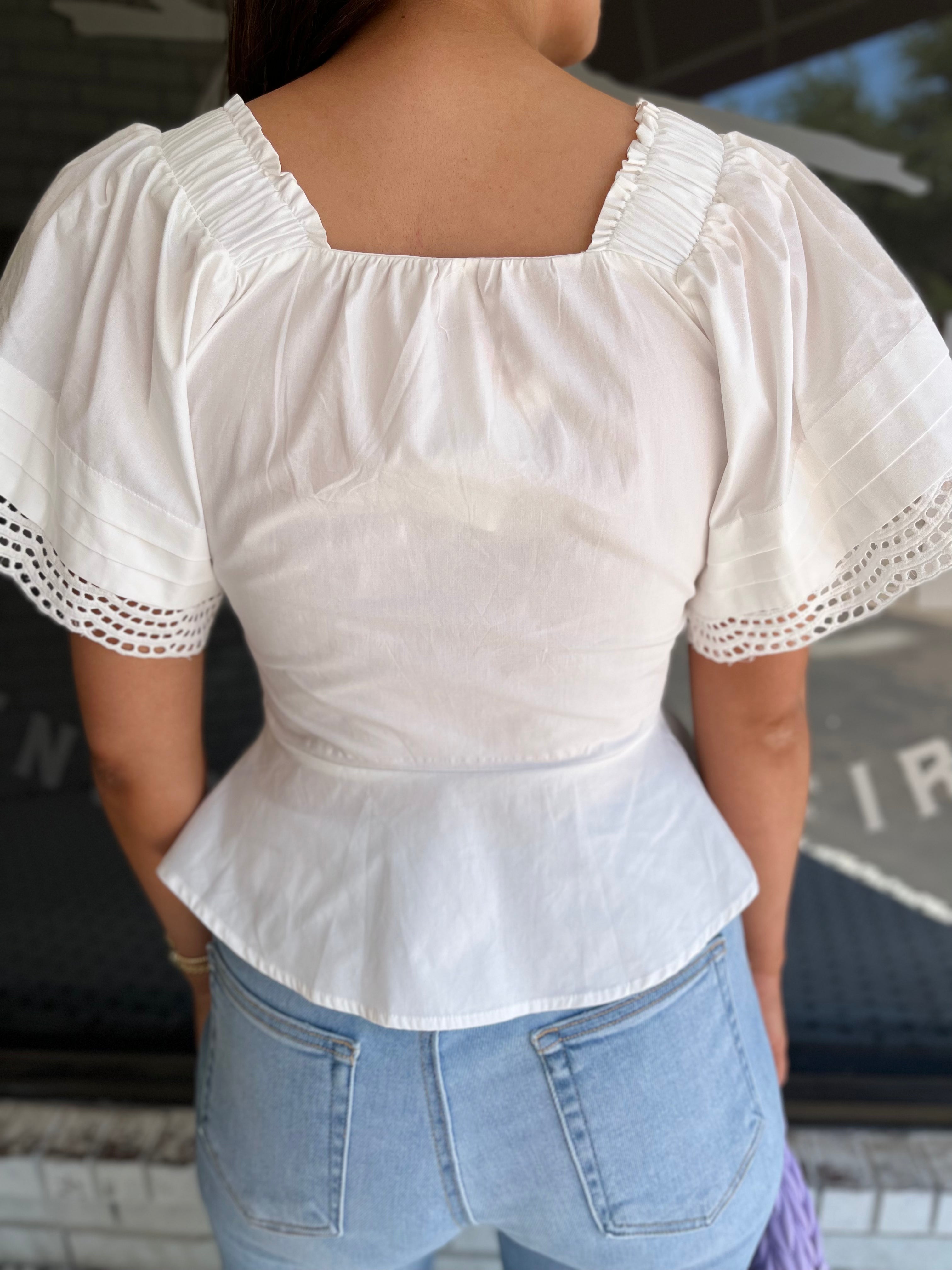 Eyelet Lace Square Neck Top - White