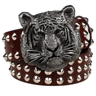 Fashion Men's Leather Belt with Cartoon Animal Tiger Head Metal Buckle