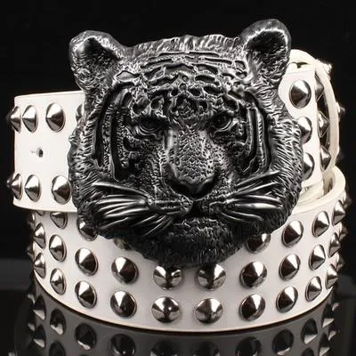 Fashion Men's Leather Belt with Cartoon Animal Tiger Head Metal Buckle