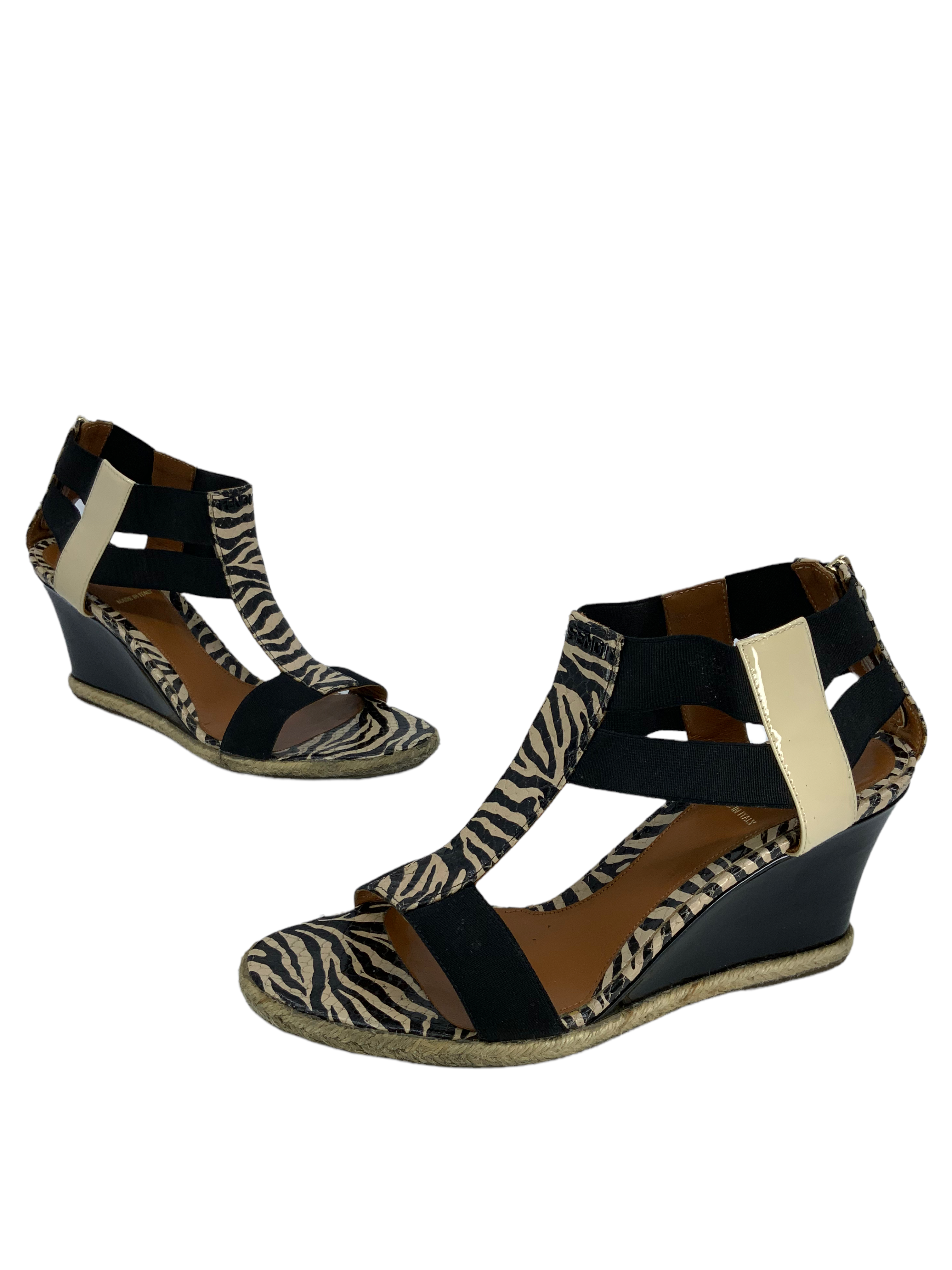 FENDI Carioca Zebra-Print Wedge Size 8