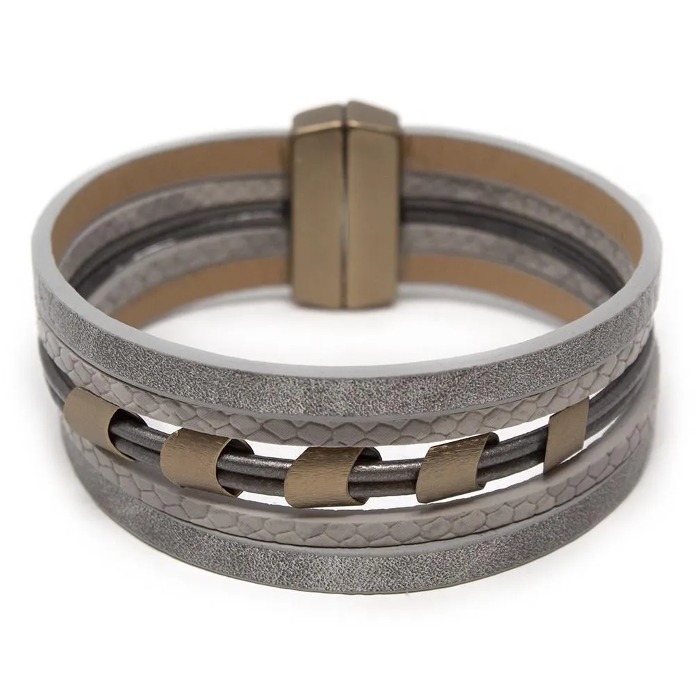 Five String Leather Bracelet With Bronze Accent Dark Grey