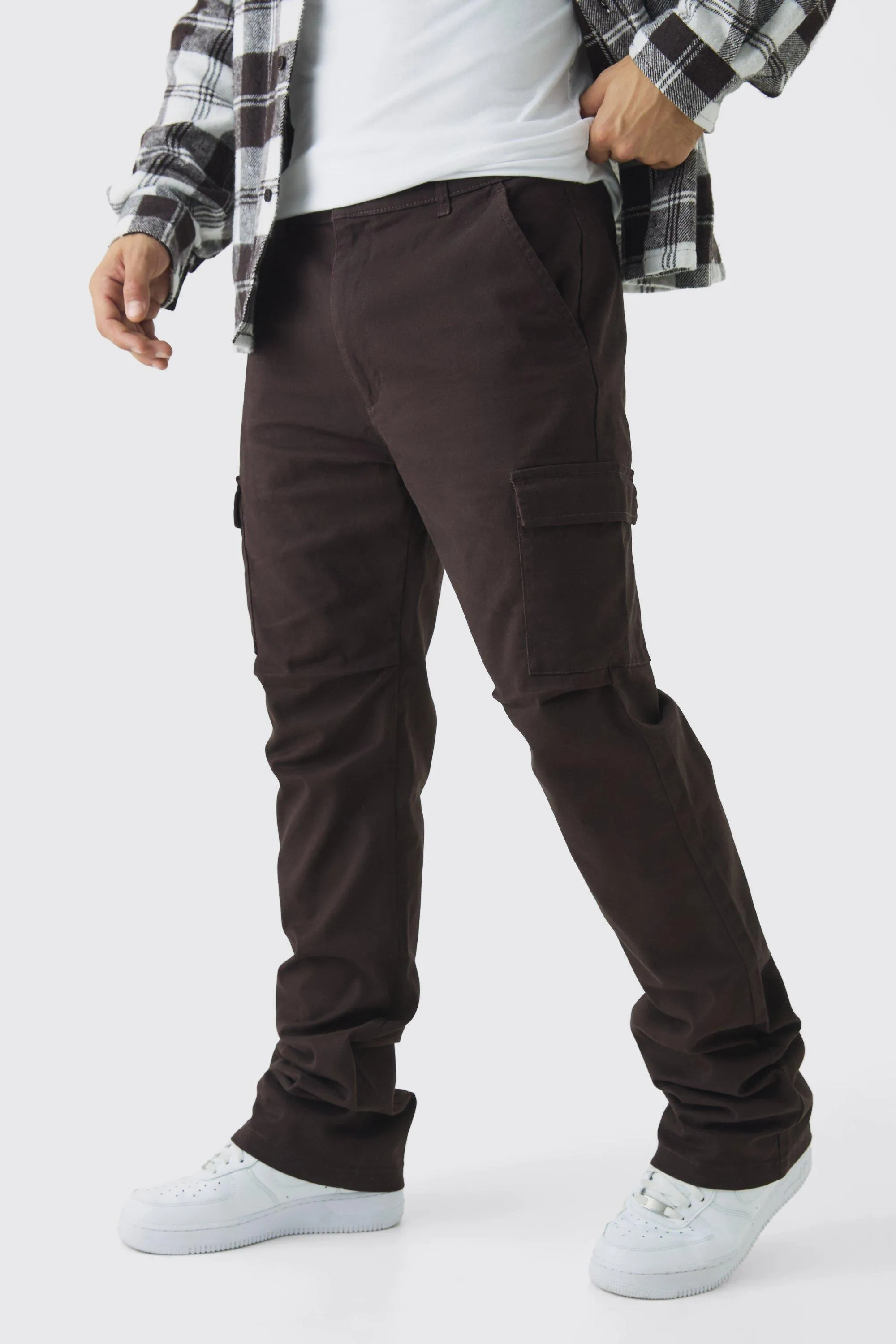 Fixed Waist Slim Flare Stacked Twill Cargo Trousers