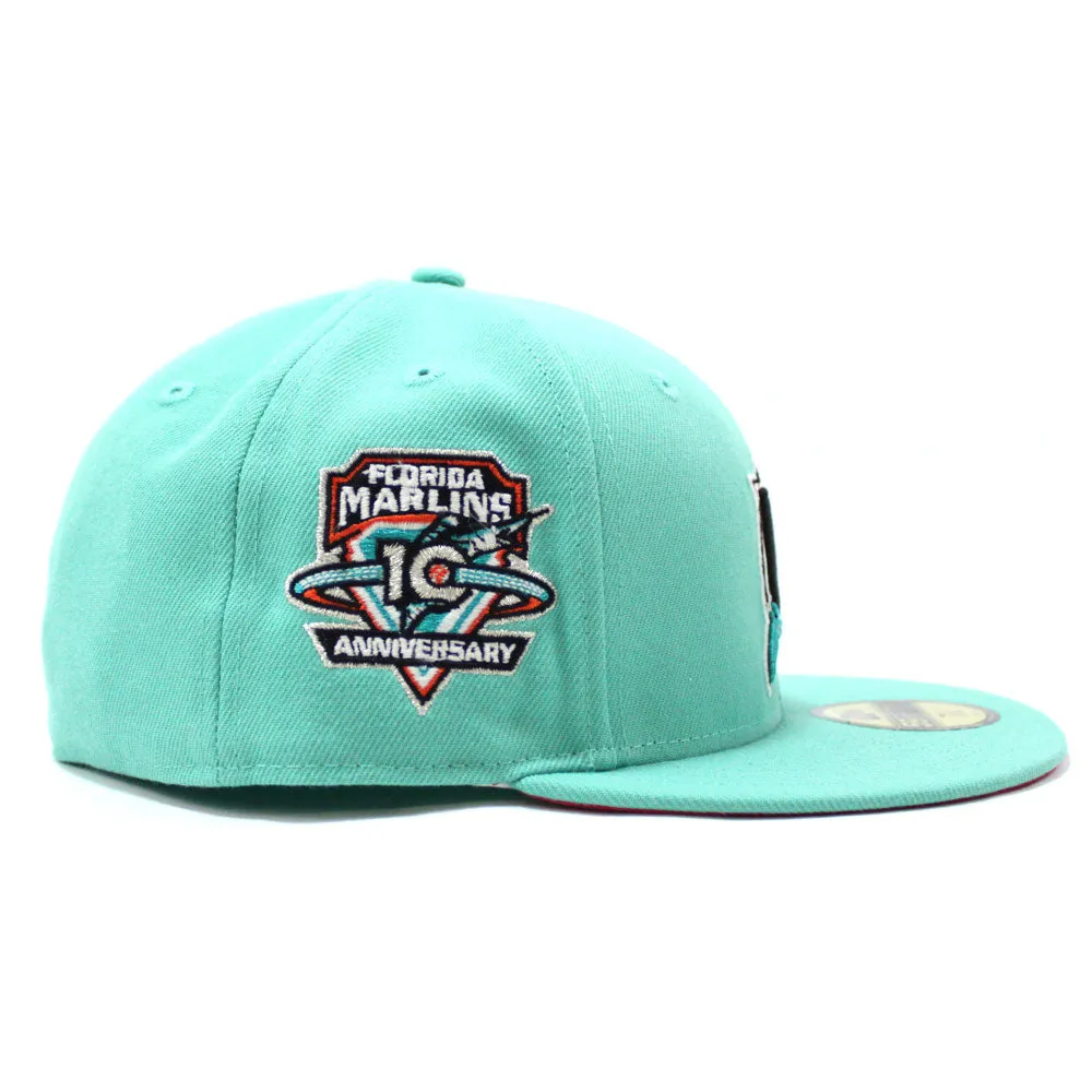 Florida Marlins 10th Anniversary New Era 59Fifty Fitted Hat (Glow in the Dark Clear Mint Beet Under brim)