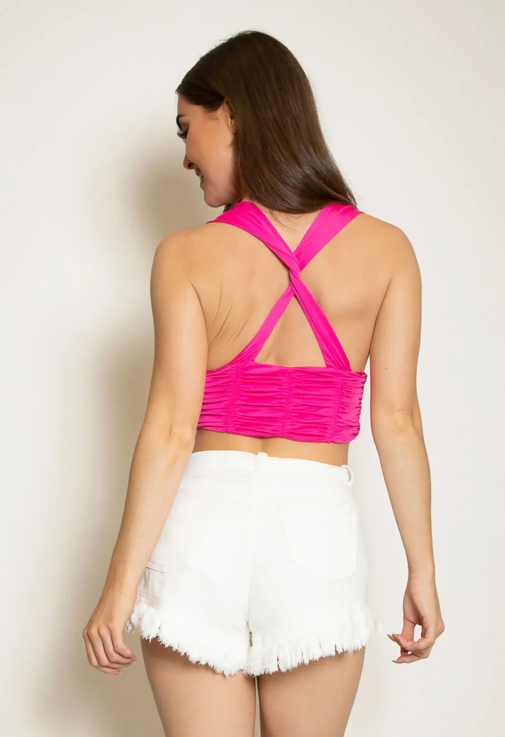 Fuchsia Ruched Cross Back Crop Top