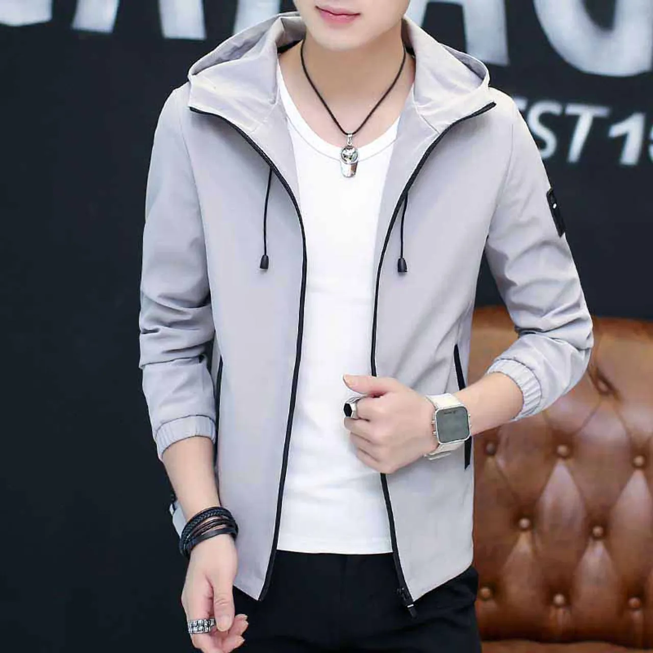 Grey label pattern long sleeve zip jacket hoodies