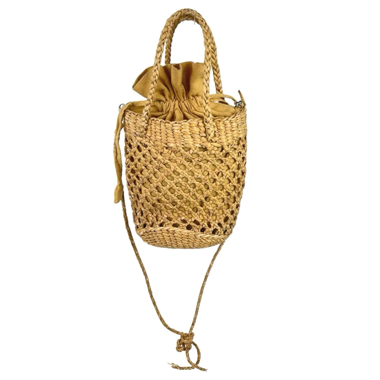 Hat Attack Tan Open Weave Cotton Lined Boho Crossbody Strap Mini Mila Straw Bag