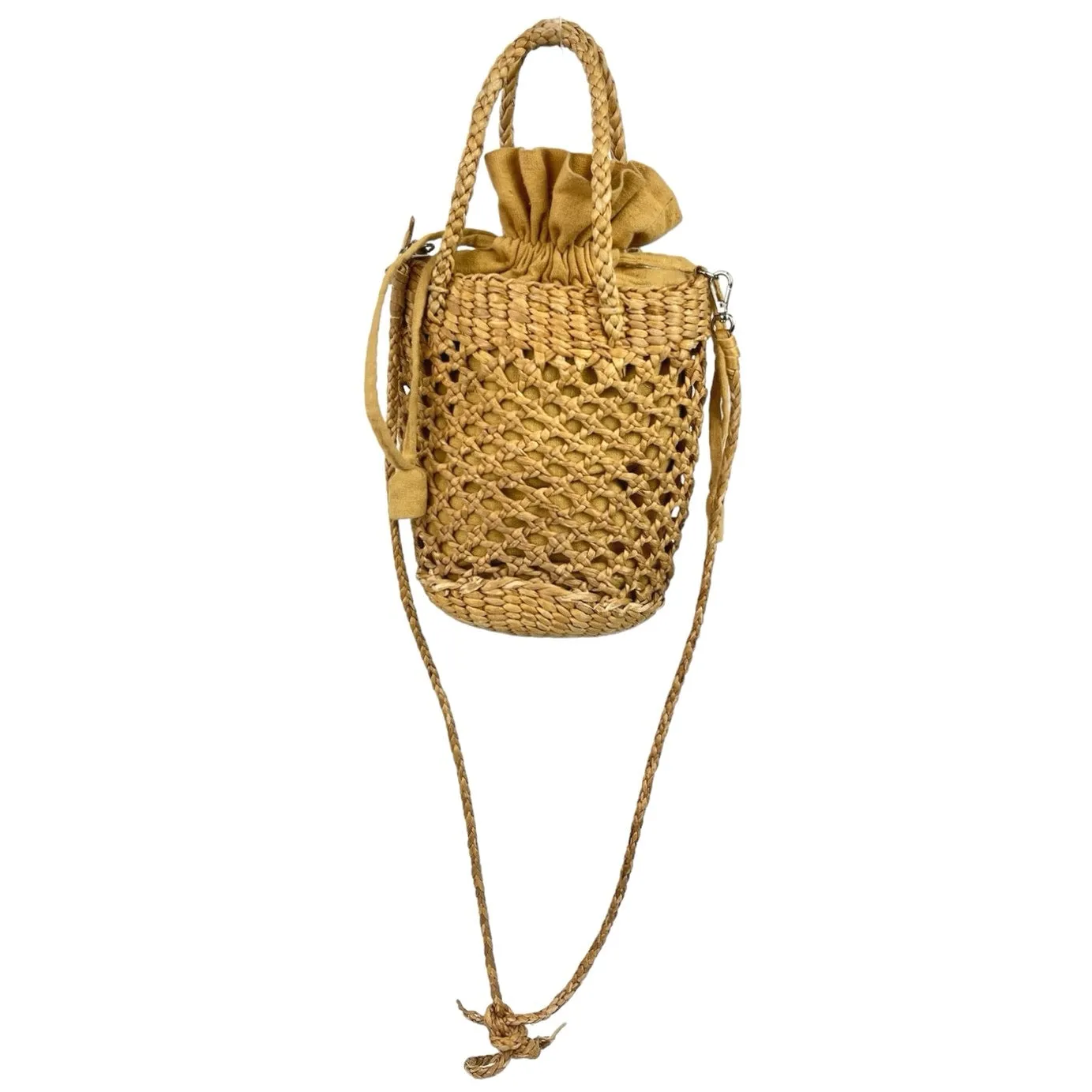 Hat Attack Tan Open Weave Cotton Lined Boho Crossbody Strap Mini Mila Straw Bag