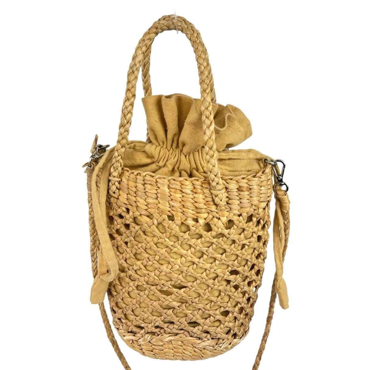 Hat Attack Tan Open Weave Cotton Lined Boho Crossbody Strap Mini Mila Straw Bag