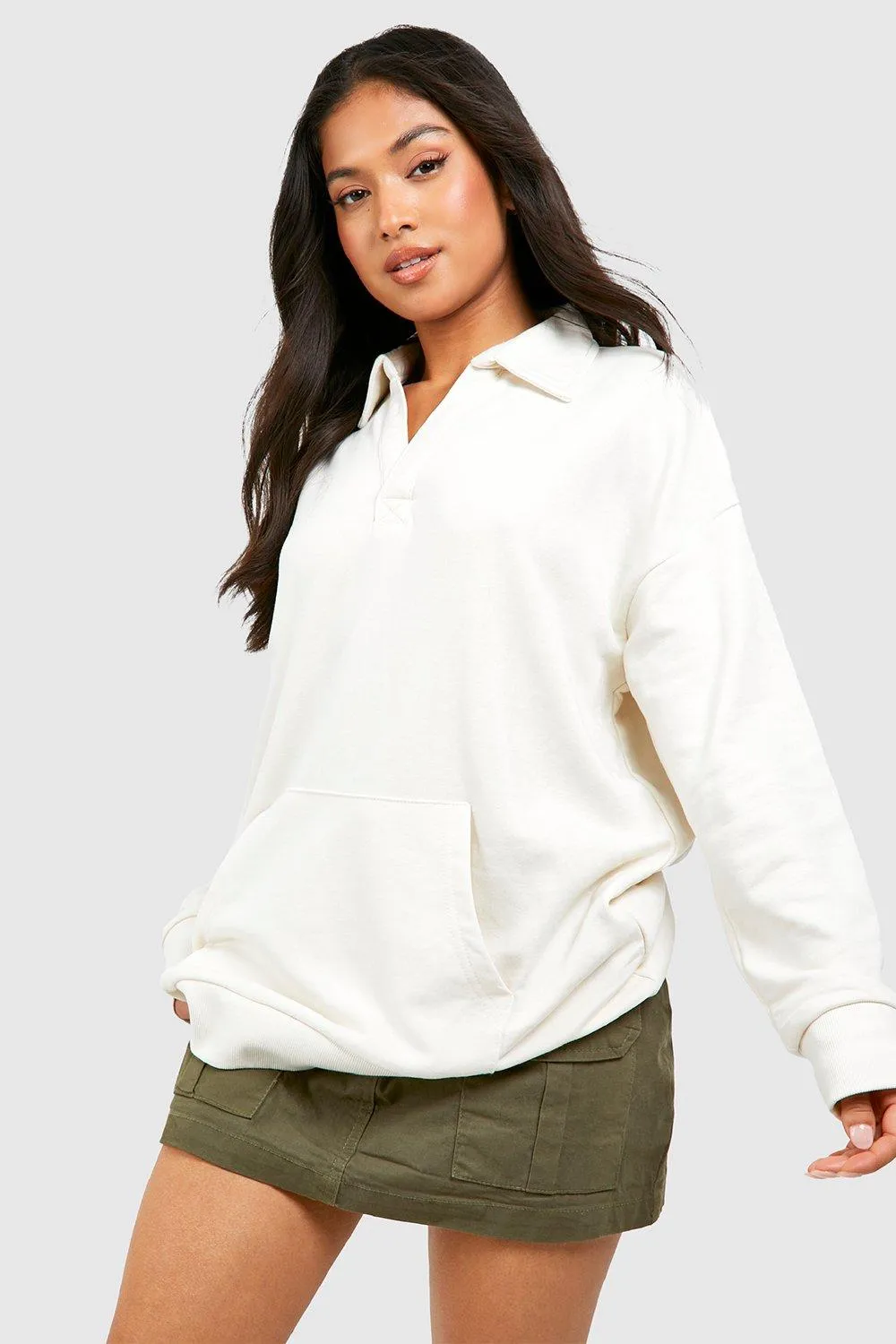 Hoodies & Sweatshirts | Petite Collard V Neck Sweatshirt | boohoo