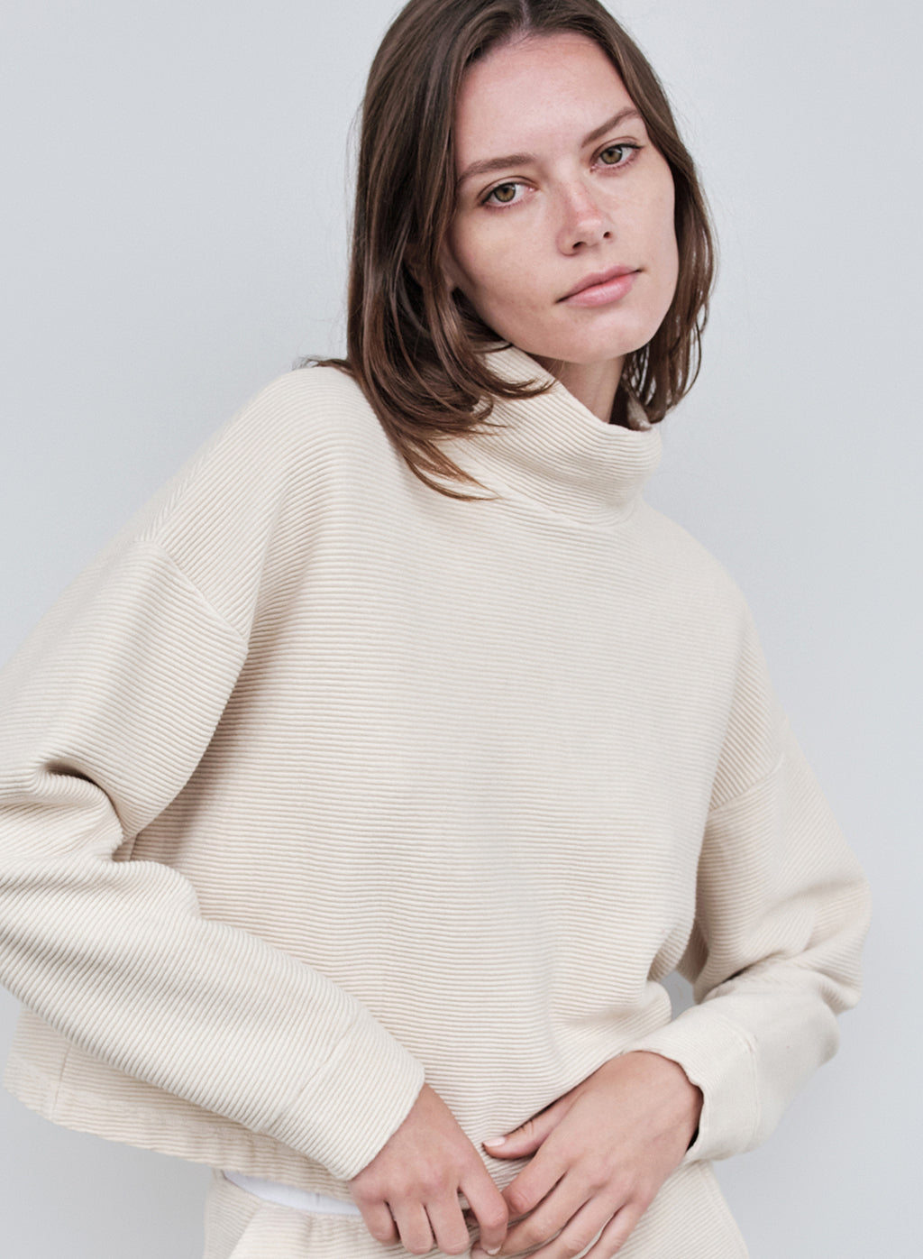 Horizontal Rib Mock Neck Pullover in Cream