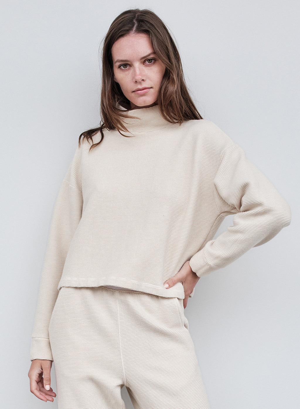 Horizontal Rib Mock Neck Pullover in Cream