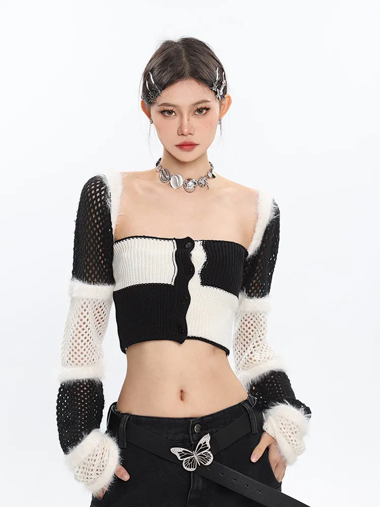 Ianna Contrast Color Patchwork Square Neck Knitted Long Sleeve Cropped Top