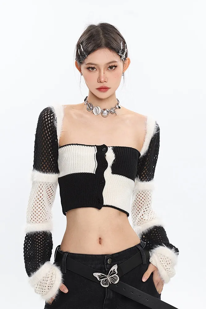 Ianna Contrast Color Patchwork Square Neck Knitted Long Sleeve Cropped Top