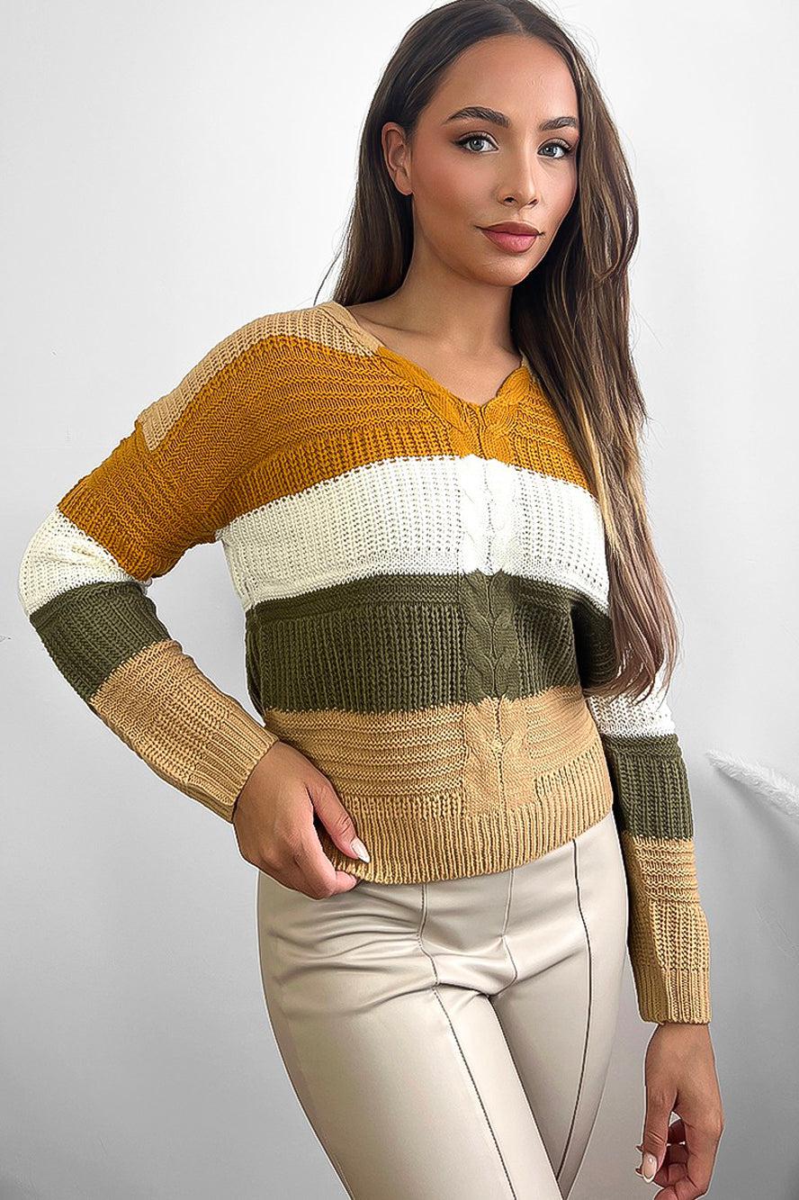 Laced Up Back V-Neck Stripy Pullover