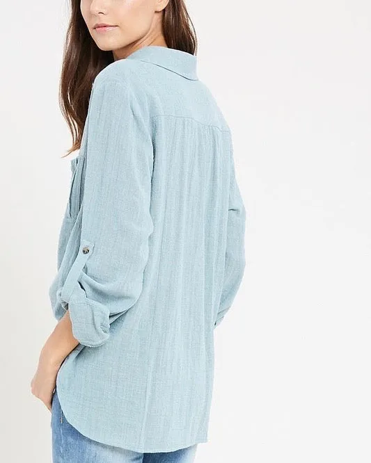 Linen Front Button Down Self-Tie Shirt in Mint