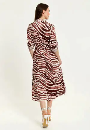 Liquorish Brown Zebra Print Midi Shirt Dress