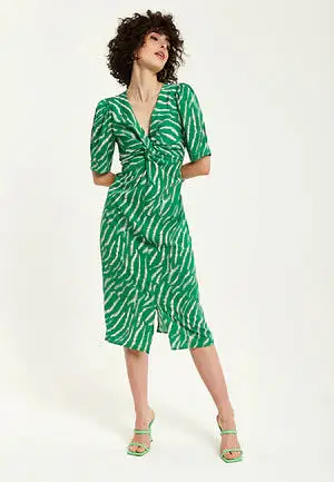 Liquorish Green Zebra Print Knot Front Midi Dress