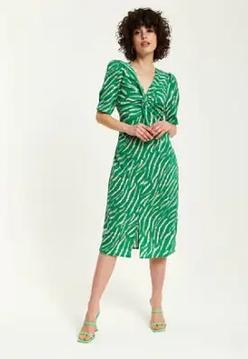 Liquorish Green Zebra Print Knot Front Midi Dress