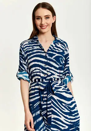 Liquorish Navy Zebra Print Midi Shirt Dress