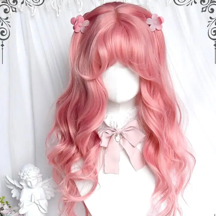 Lolita cute girl peach pink air bang long curly wig |love letter| BY6214